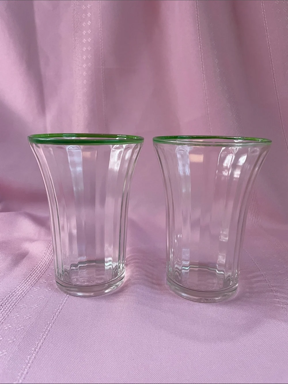 Retro Clear Ribbed Glass Tumbler with Green Rim - Set of 2
